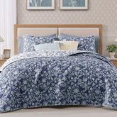 BLOOMHAVEN quilt set close-up shows durable stitching in oxford blue floral fabric.