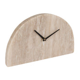 Bloomingville decorative half-moon marble mantel clock in beige and black, on a mantel.