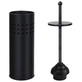 Blue Donuts toilet plunger with black holder for organized storage.
