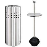 Blue Donuts chrome toilet plunger with holder keeps bathroom tidy.