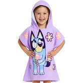 Bluey hooded towel in purple for kids, ideal for poolside drying after swimming.