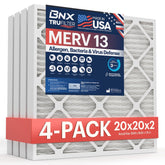 BNX TruFilter 20x20x2 filter close-up highlights electrostatic media for allergy defense.
