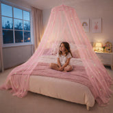 Bollepo pink bed canopy with glowing stars for dreamy bedtime ambiance.