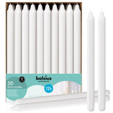 Bolsius white candlesticks bulk pack 50 for elegant decor and dripless burn.