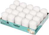 Bolsius white pillar candles 2x3in on table providing clean, long-lasting light