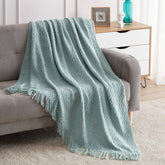 BOURINA Aqua Throw Blanket textured closeup highlights soft knit and cozy warmth