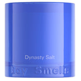 Boy Smells Dynasty Salt in blue glass tumbler offers refined, airy cotton scent.