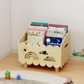 BPMFDTNL wood kids bookshelf with low profile basket shape for easy reach.