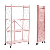 BRIAN AND DANY pink 4-tier shelf with wheels for easy garage organization.