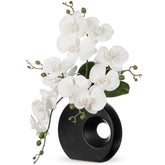 Briful orchid with white silk blooms in a black ceramic vase, ideal for a tall centerpiece.