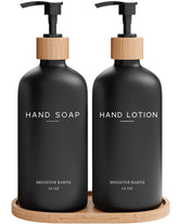 Brighter Barns black glass dispenser set with two bottles, for a sleek bathroom display.
