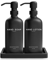 Brighter Barns black glass soap dispenser set on counter, elevating modern bathroom aesthetics.