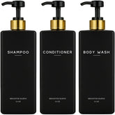 Brighter Barns black shampoo dispenser set packaging, gift-ready presentation for upscale bathrooms.