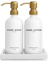 Brighter Barns luxury glass soap dispenser set with gold accents for upscale bathrooms.