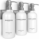 Brighter Barns luxury shampoo dispenser wall mount keeps shower organized and stylish.