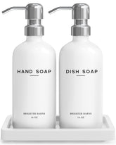 Brighter Barns white glass dispenser pair on a clean kitchen counter, stylish and reusable.