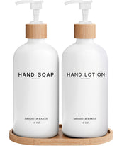 Brighter Barns white glass dispenser set close-up with bamboo tray for stylish bathroom storage