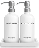 Brighter Barns white glass soap dispenser bottles for versatile hand soap or lotion
