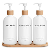 Brighter Barns white shampoo dispenser set bottle front for a sleek shower upgrade