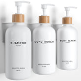 Brighter Barns white wall-mounted shampoo dispenser set in a clean shower, organized and refillable