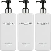 Brighter Barns white shampoo dispenser set in shower for clean, organized storage.