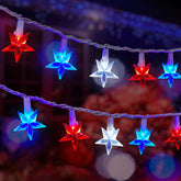 Brightown red white blue star string lights 33ft with 100 LEDs for festive outdoor decor.