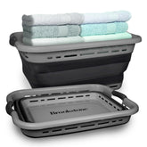 Brookstone 11 gallon XL collapsible basket with non-slip handles for easy carrying.