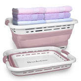 Brookstone 11 gallon XL collapsible laundry basket with non-slip handles for easy transport.