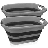 Brookstone collapsible laundry basket in compact fold for easy storage.