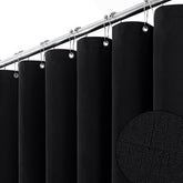 BTTN black fabric shower curtain with linen texture for privacy and premium look.