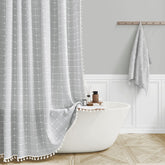BTTN Boho Farmhouse curtain with embroidery tassels for chic bathroom style