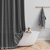 BTTN Boho Farmhouse shower curtain tassel detail adds luxury texture