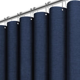 BTTN navy blue shower curtain with linen texture adds sophisticated style.