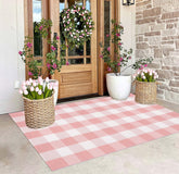 BUAGETUP pink and white buffalo plaid rug 3x5 adds cozy farmhouse charm to entryways.