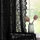 Bujasso black sheer lace curtains frame windows with vintage floral flair and soft light filtering.
