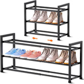 Bumusty 3-Tier Extendable Shoe Rack extended for roomy closet storage.