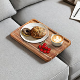 Cabalay acacia couch tray wood shows natural grain for drinks and phone within reach.