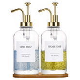 Cabo Deseado glass dispenser set with two bottles for organized kitchen or bath.