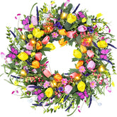 CACISE 24-inch spring wreath with daisies and lavender enhances front door curb appeal.