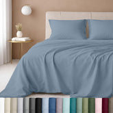 California Design Den 600TC pastel blue fabric close-up showing smooth sateen finish.