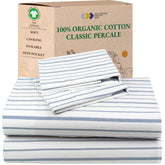 California Design Den blue stripe king sheets show crisp organic cotton percale, delivering breathable comfort.