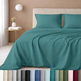 California Design Den teal deep-pocket queen sheet set shows smooth sateen sheen