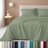 California Design Den deep-pocket queen sheets on a thick mattress showing secure fit