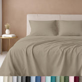 California Design Den queen flat sheet in cool taupe, smooth sateen for all-season comfort.