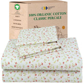 California Design Den floral top sheet shows crisp organic cotton percale for breathable comfort.