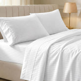 California Design Den full sheet set striped white in silky sateen finish for year-round comfort.