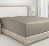 California Design Den king taupe fitted sheet showing warm tone and silky softness.