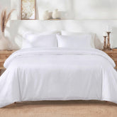 California Design Den oversized king duvet cover in white, silky sateen weave with a smooth finish.