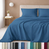 California Design Den Parisian Blue queen flat sheet with sateen finish for all-season comfort.