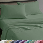 California Design Den pine-green sateen king flat sheet close-up shows soft sheen